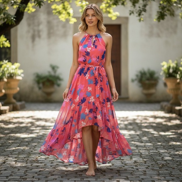 Unknown Dresses & Skirts - Floral High Neck High-Low Maxi Dress Pink Purple Sleeveless Halter Keyhole Back
